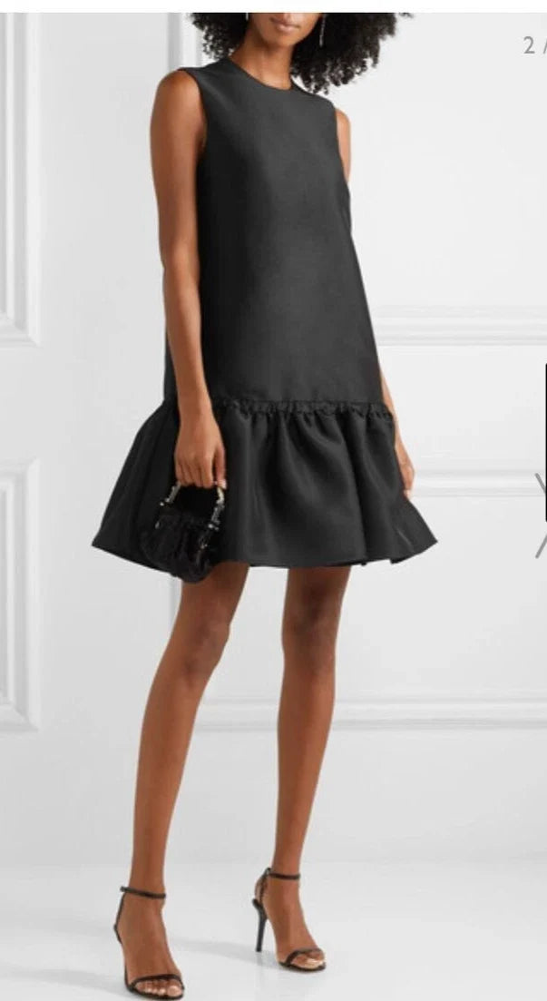 Womens Black Taffeta Dress Sleeveless Ruffled Hem Evening Club Party Disco Dress